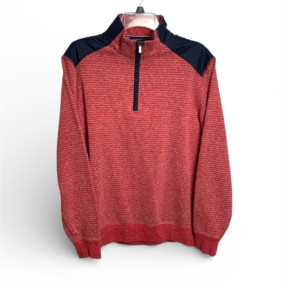 Bugatchi Red and navy 1/4 Zip Up striped Sweater size Large
